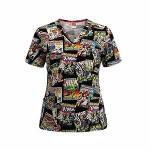 Marvel Comic Strip V-Neck Scrub Top - Multicolor XMen Thor Iron Man 💪🏼